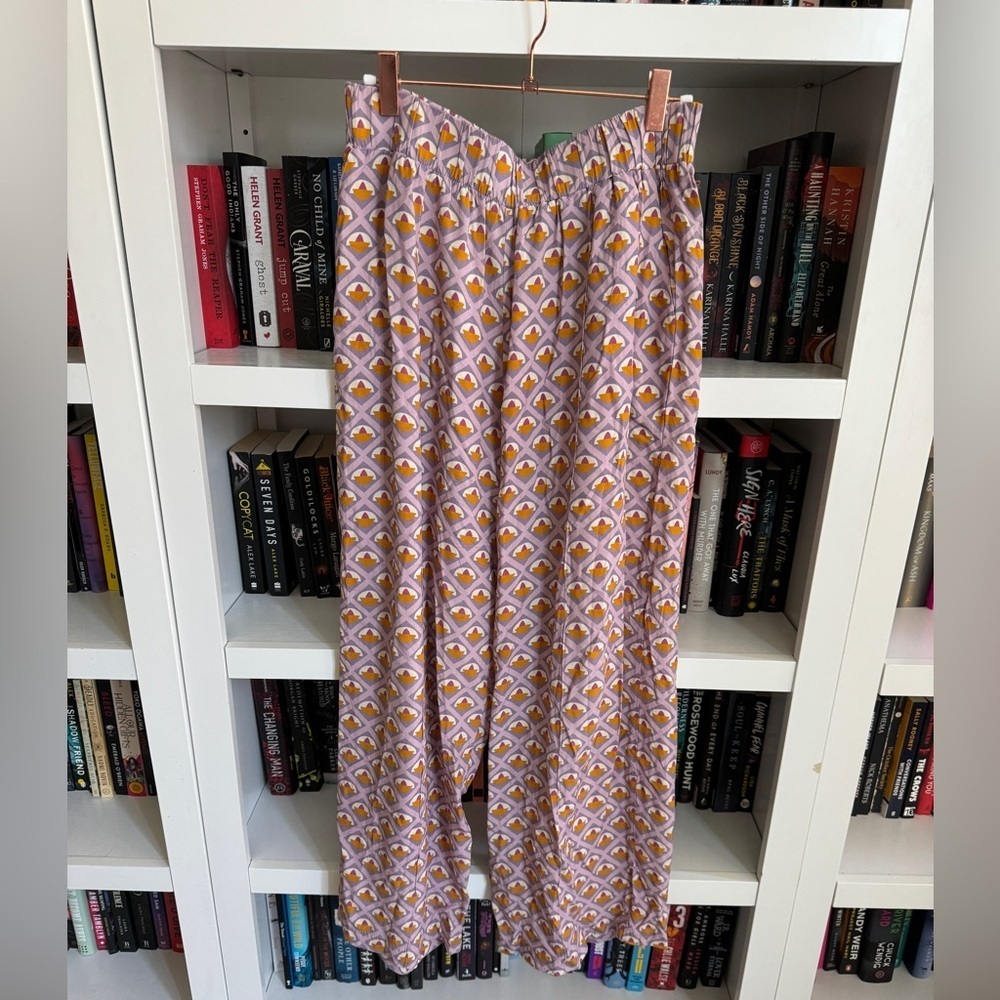 Bloomingdale’s aqua purple orange retro pattern lightweight wide leg pants